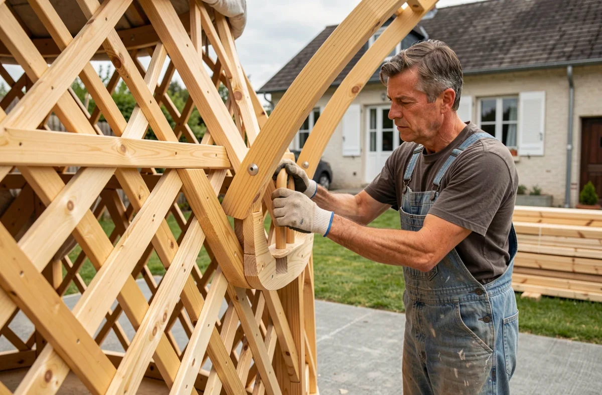 Artisan assemblant les panneaux en lattis de bois d'une yourte en cours de construction dans un jardin français