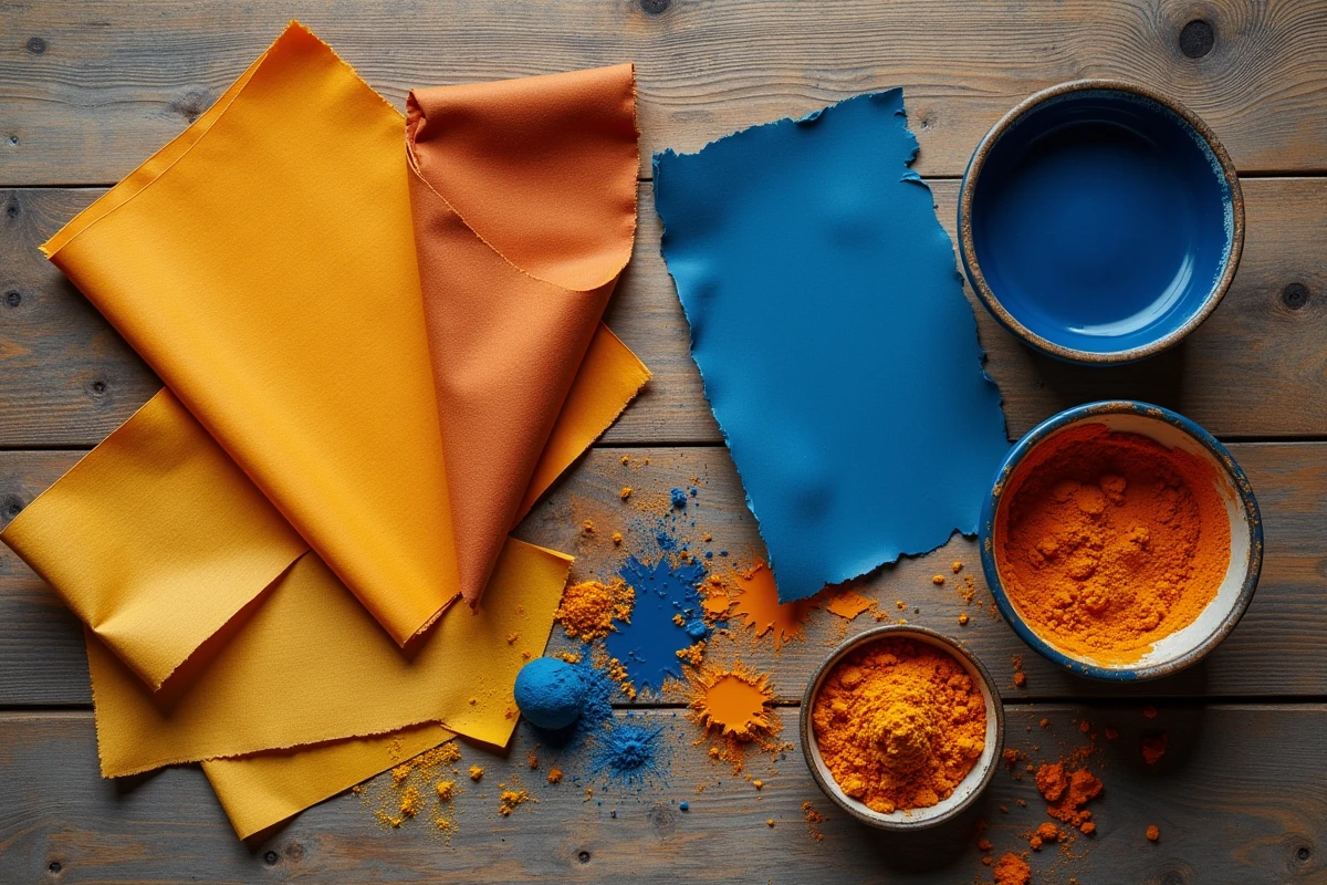 Planche de couleurs complémentaires bleu et orange avec échantillons de tissu et pigments sur table en bois