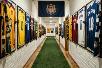 Couloir d'appartement décoré sur le thème du football avec maillots encadrés, tapis gazon vert et banderoles de club formant un tunnel de joueurs
