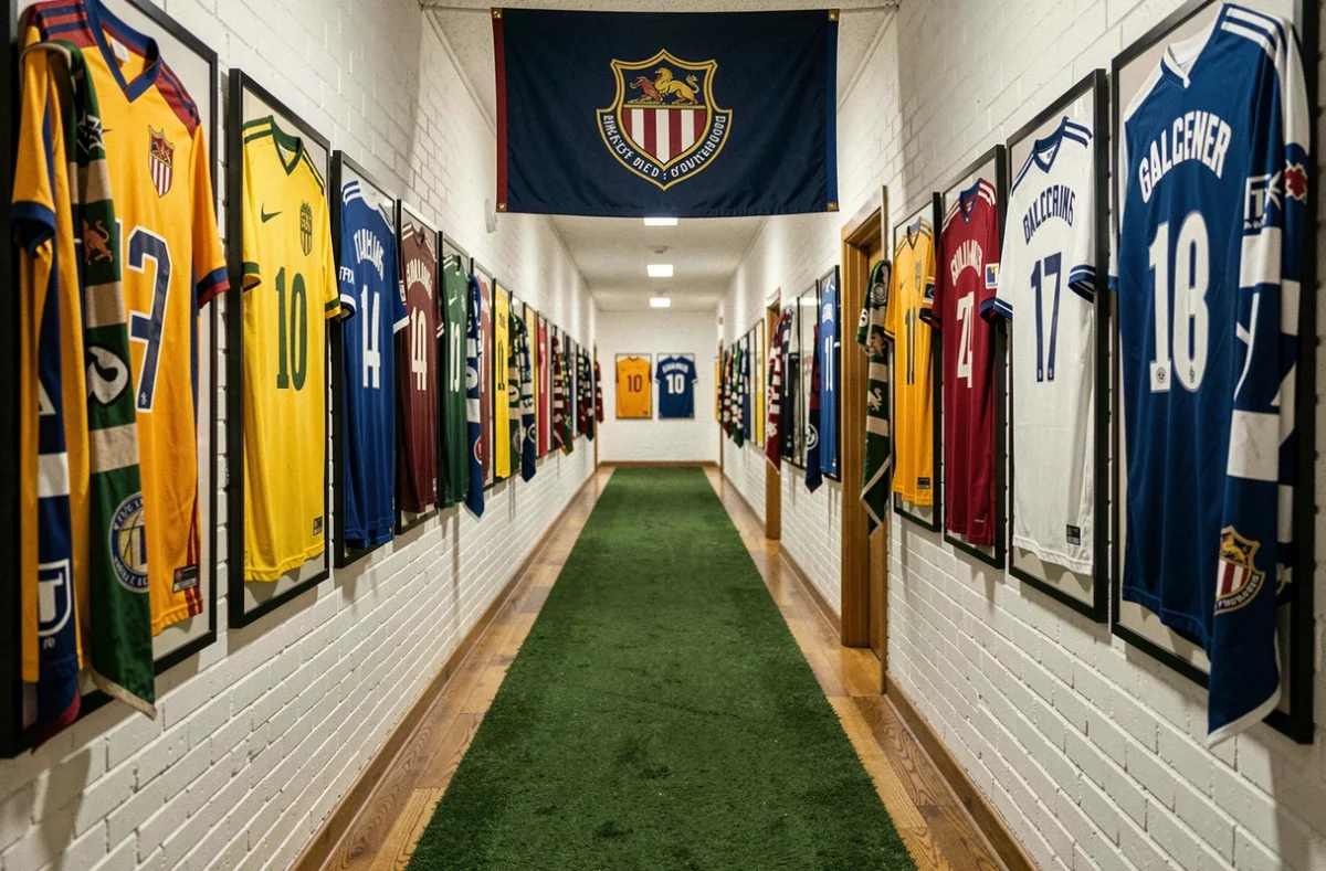 Couloir d'appartement décoré sur le thème du football avec maillots encadrés, tapis gazon vert et banderoles de club formant un tunnel de joueurs