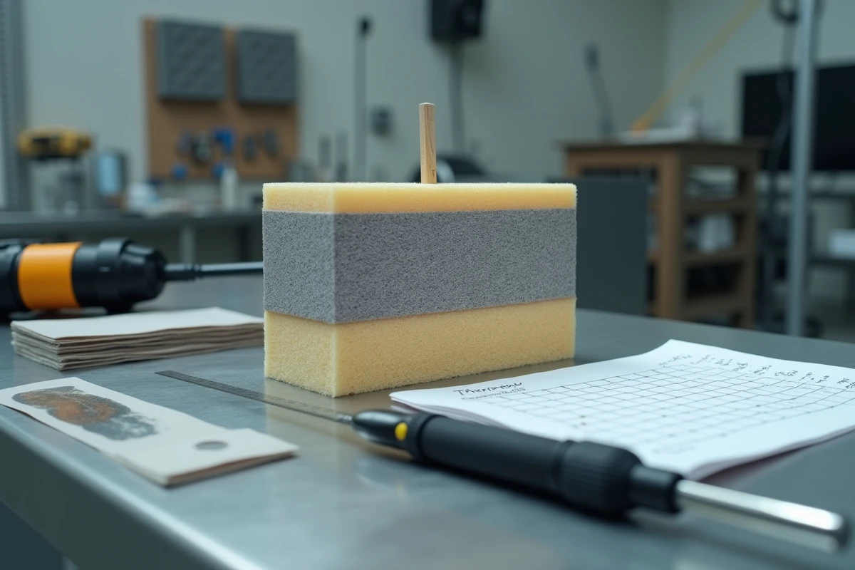 Coupe transversale d'une toile enduite isolante posée sur un établi avec outils de mesure thermique