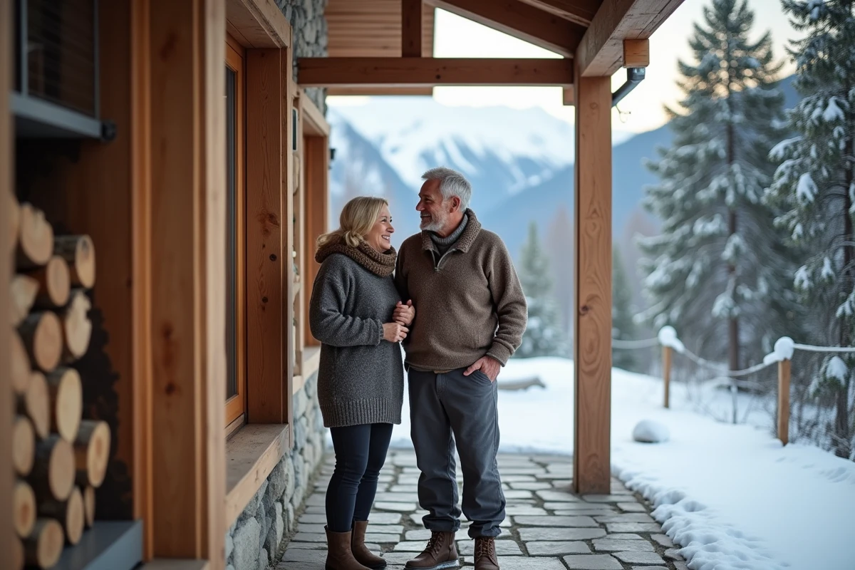 Couple souriant devant un chalet enneige en hiver