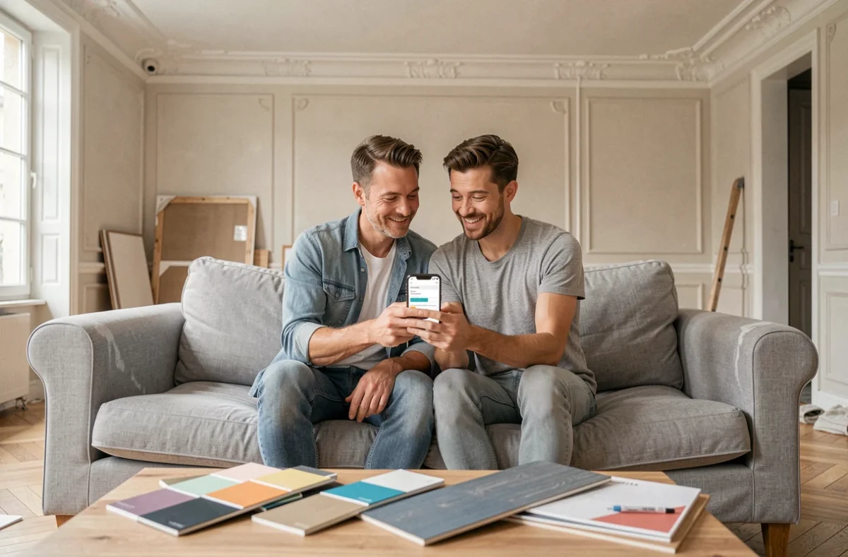 Couple parisien comparant des devis de travaux de rénovation sur smartphone dans leur salon en cours de réaménagement