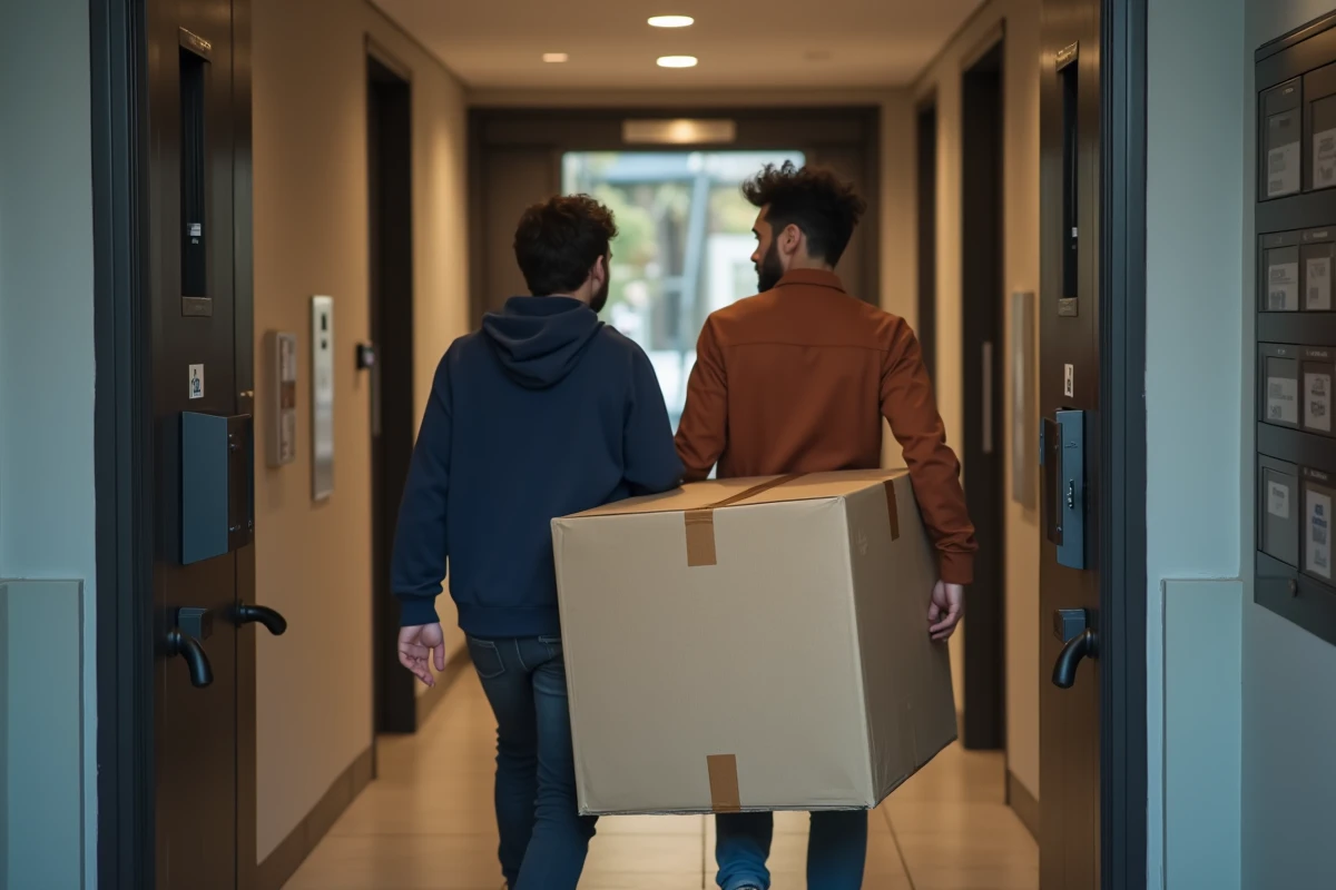 Couple portant un meuble en carton lors de leur emménagement dans un immeuble moderne