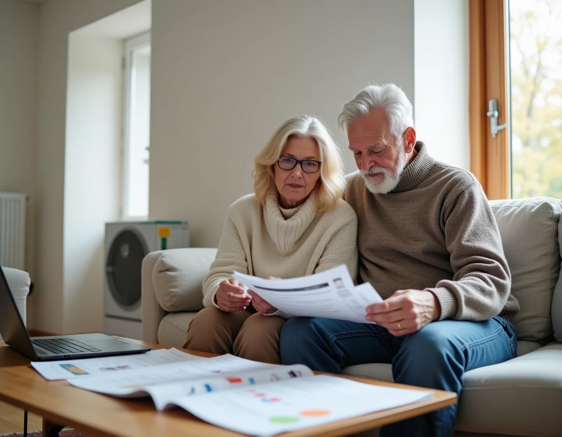 Couple de propriétaires consultant des documents de rénovation énergétique et un site d'aides gouvernementales dans leur salon rénové