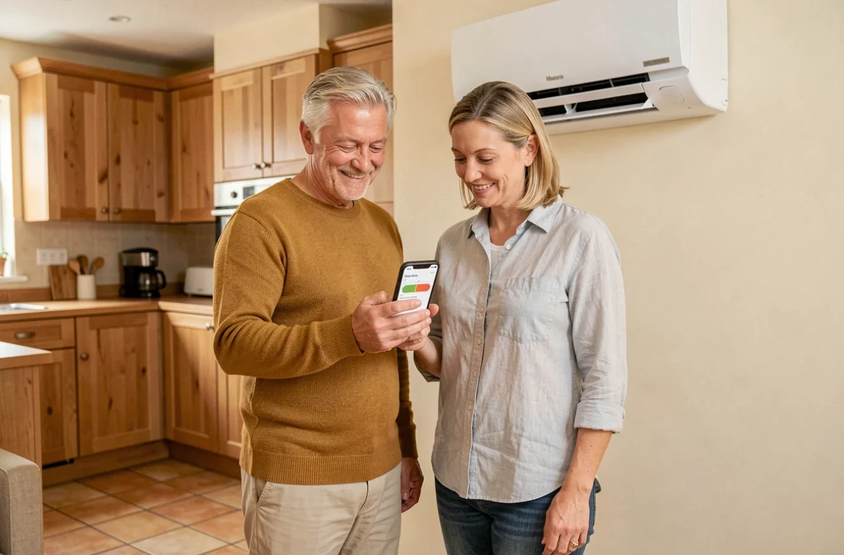 Couple de propriétaires consultant une application de suivi de consommation énergétique après l'installation d'une pompe à chaleur dans leur maison rénovée