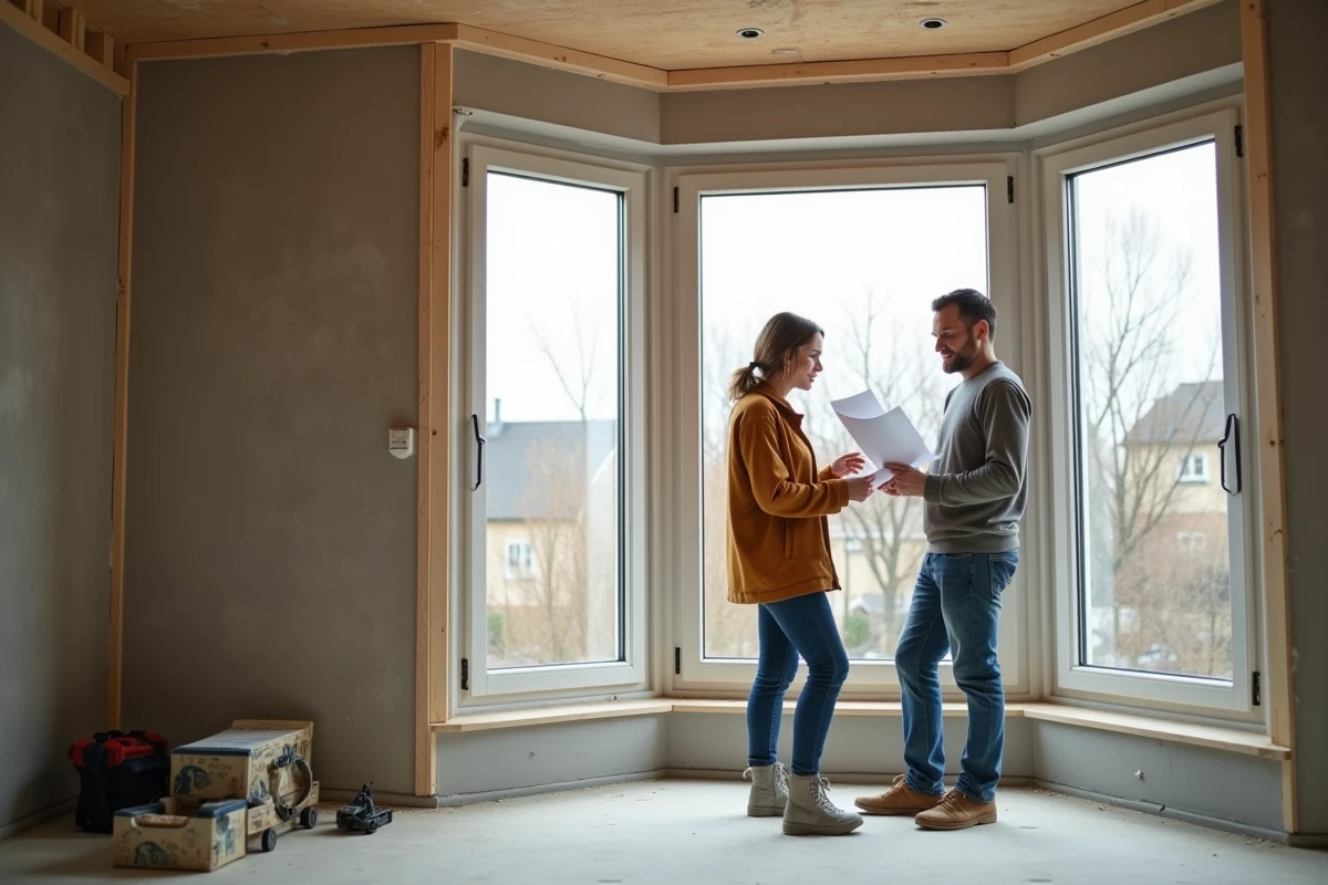 Couple examinant un document de performance énergétique devant une baie vitrée double vitrage lors de travaux de rénovation
