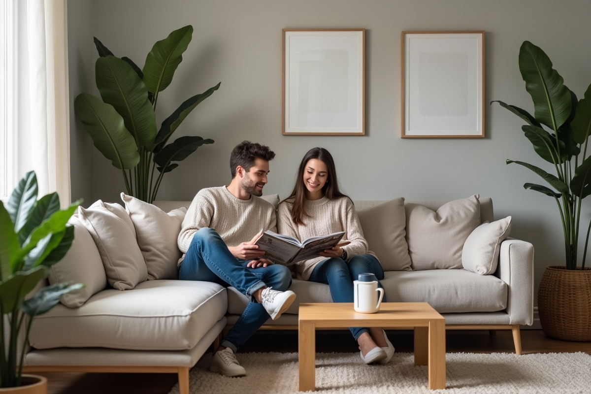 Jeune couple dans un salon scandinave moderne