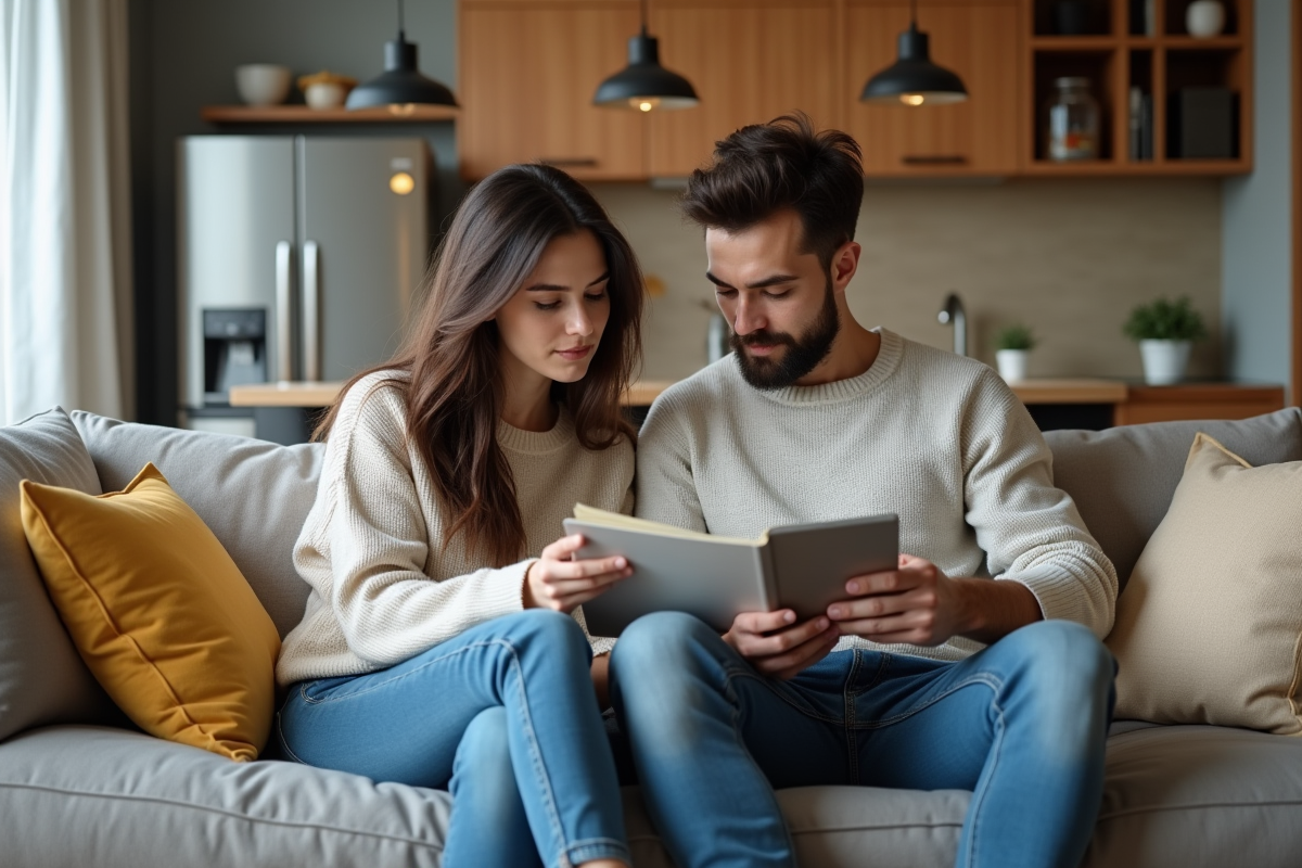 Jeune couple dans un salon moderne en appartement urbain
