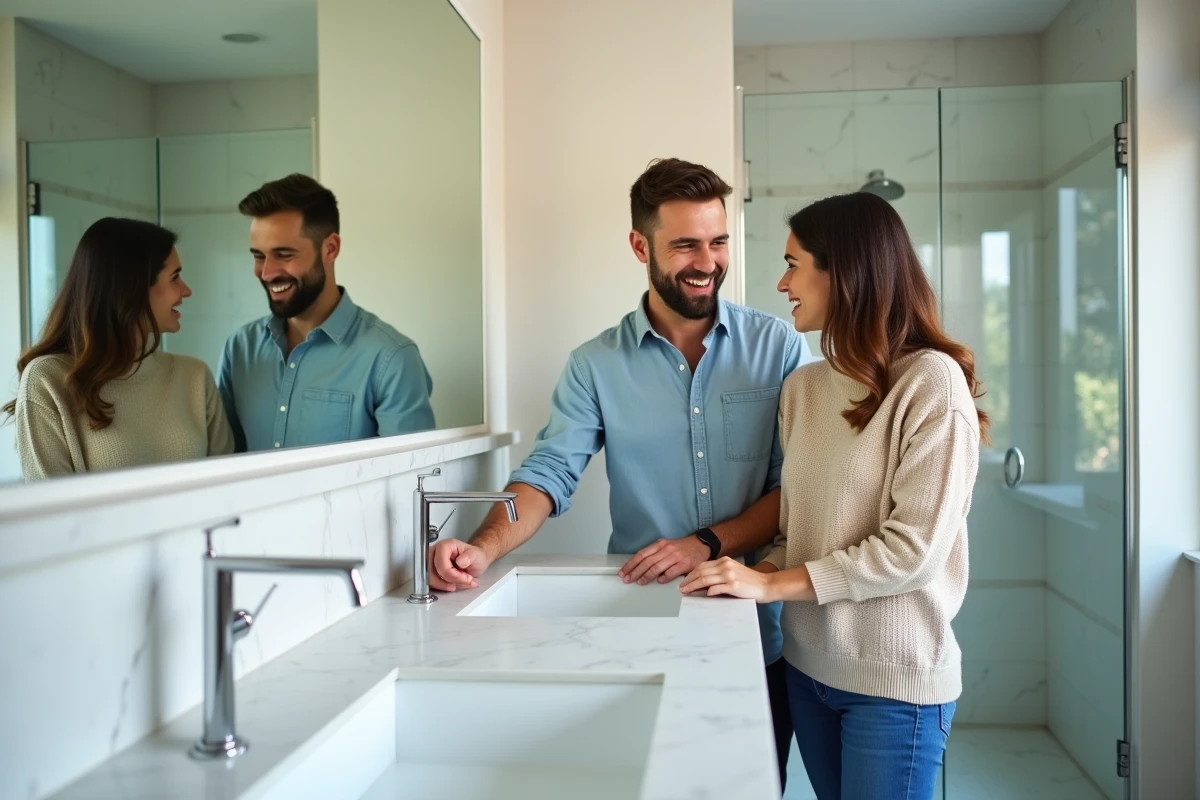 Jeune couple admirant leur salle de bain rénovée