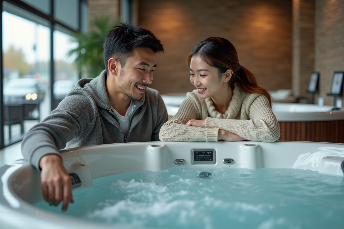 Jeune couple inspectant un spa intérieur en showroom