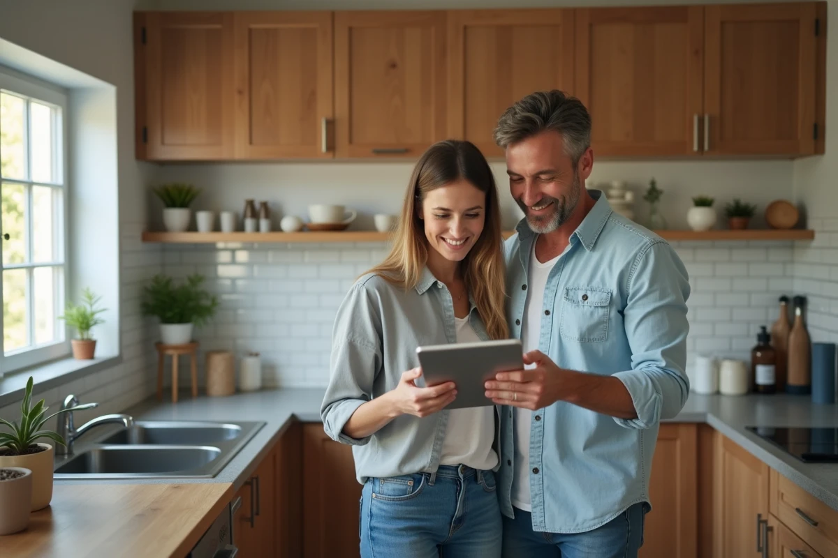 Couple consultant une visite virtuelle 360 sur tablette dans une cuisine lors d'une location