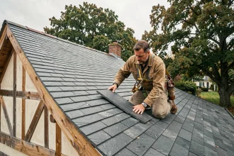 Couvreur professionnel posant des ardoises premium sur une toiture de 120 m2 d'une maison individuelle en France