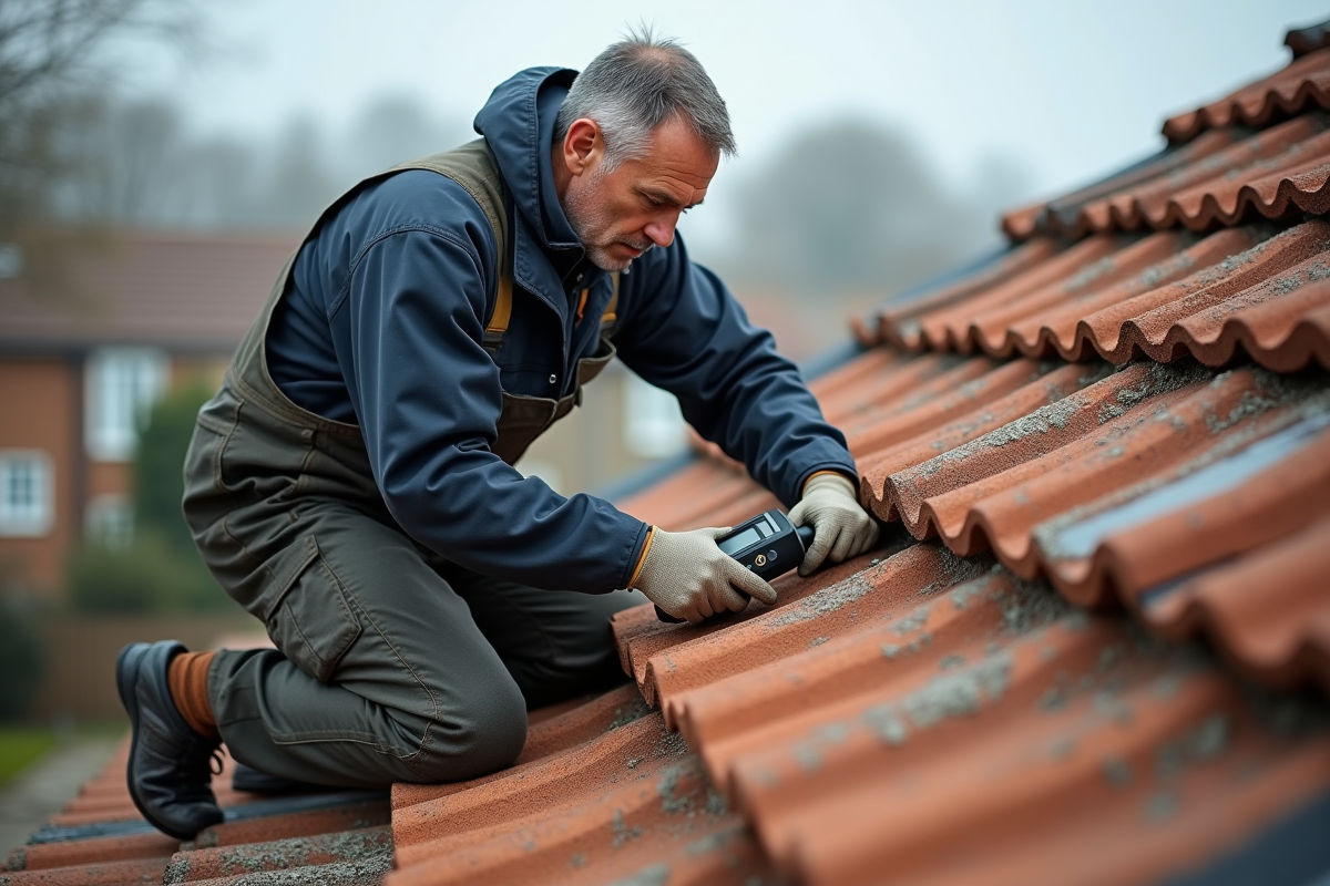 Couvreur middleaged inspectant des tuiles de toit avec un humidimetre