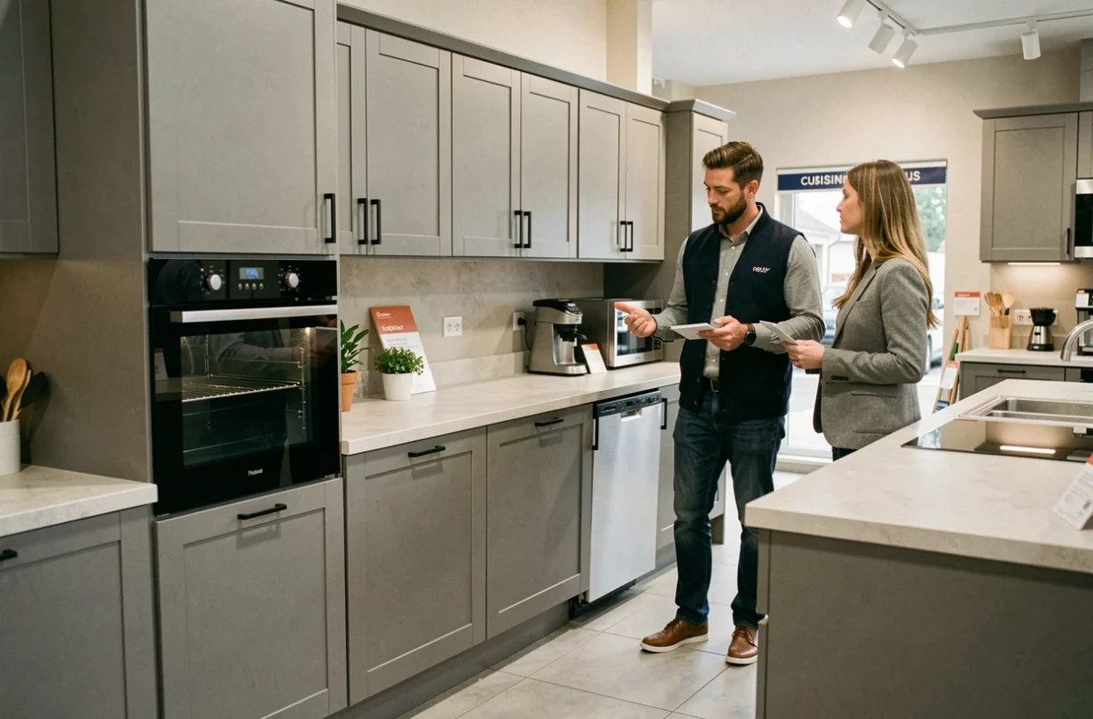 Cuisine modulaire Cuisine Plus à Épinal avec façades style shaker grises et four encastré double