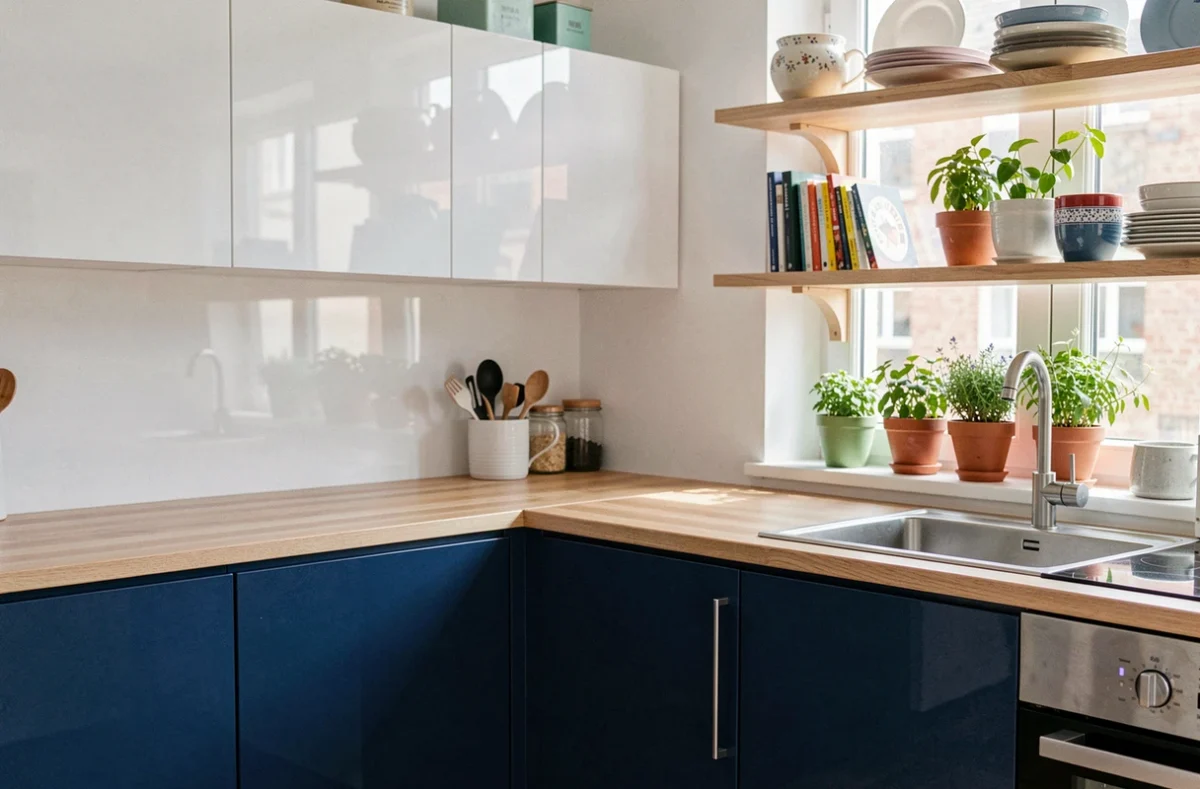 Cuisine Cuisinella bicolore avec façades bleu marine et blanches dans un appartement français lumineux
