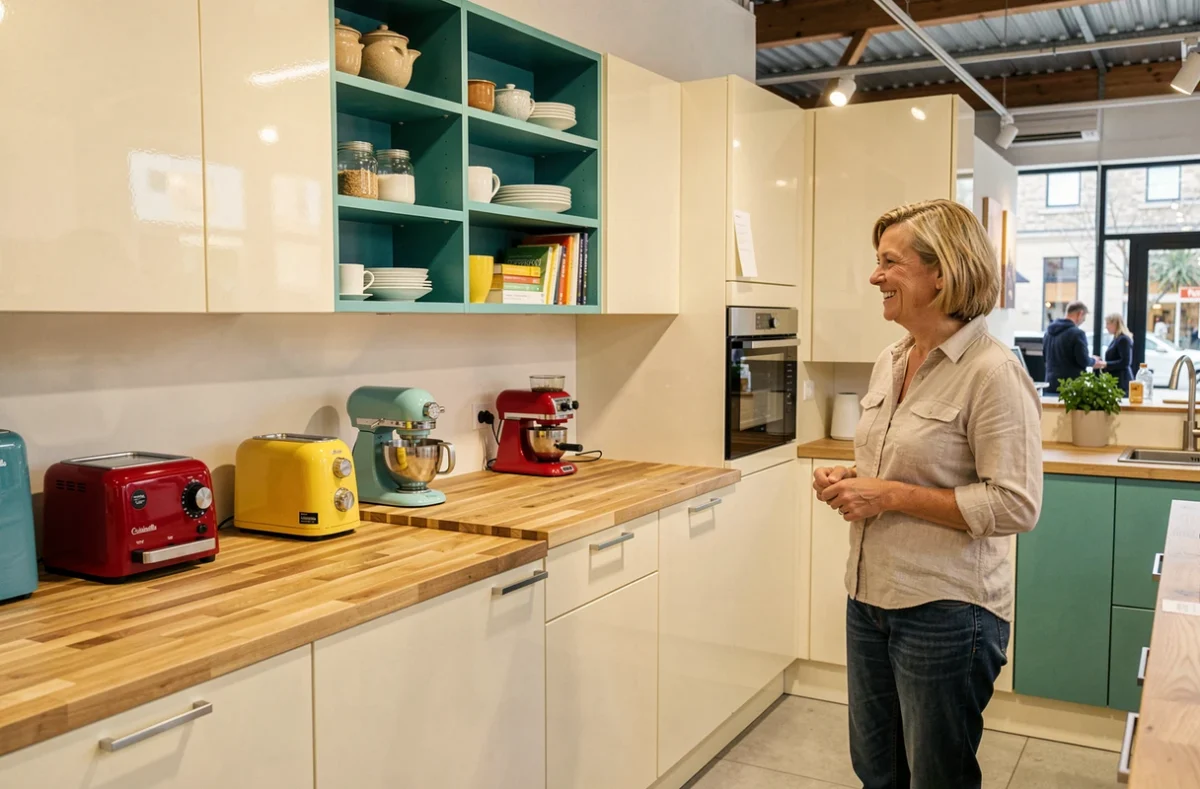 Cuisine Cuisinella à Épinal avec façades crème brillantes, étagères sarcelle et plan de travail en bois
