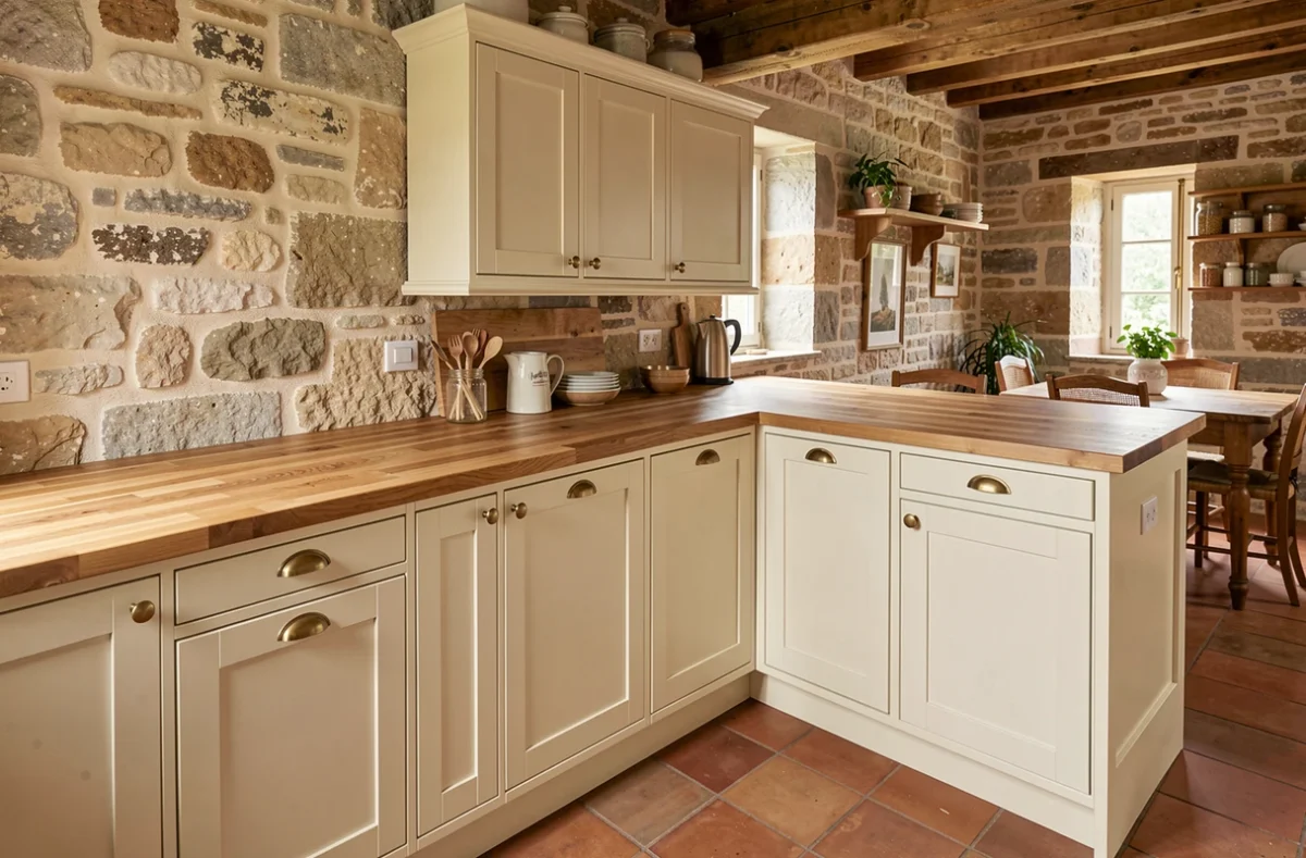 Cuisine classique des Cuisines Laonnoises avec façades shaker crème et plan de travail en chêne massif dans une maison de caractère