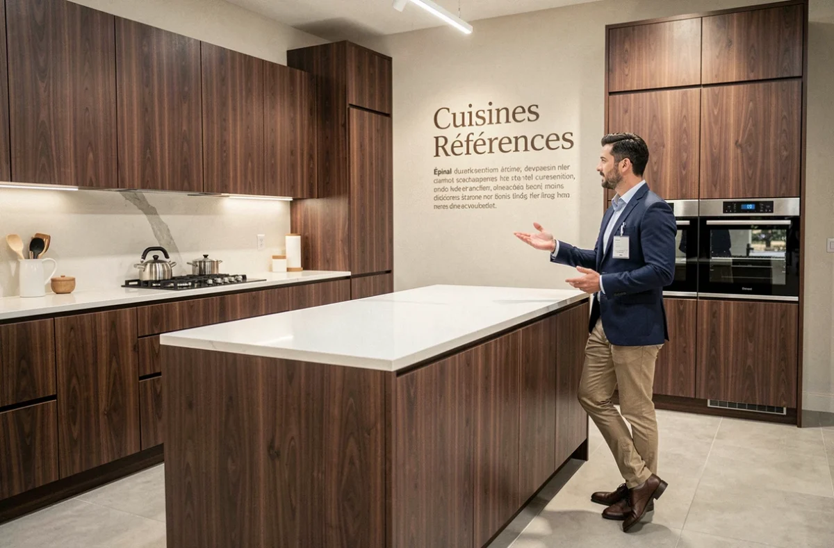 Cuisine haut de gamme exposée chez Cuisines Références à Épinal avec meubles en noyer et plan de travail en quartz