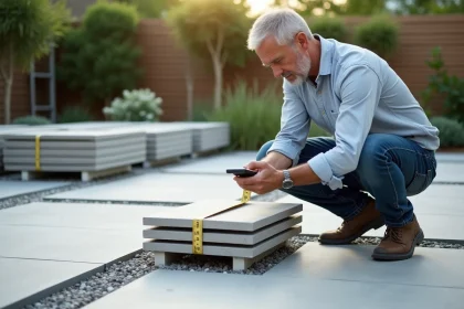 Homme mesurant des carreaux dans un patio moderne