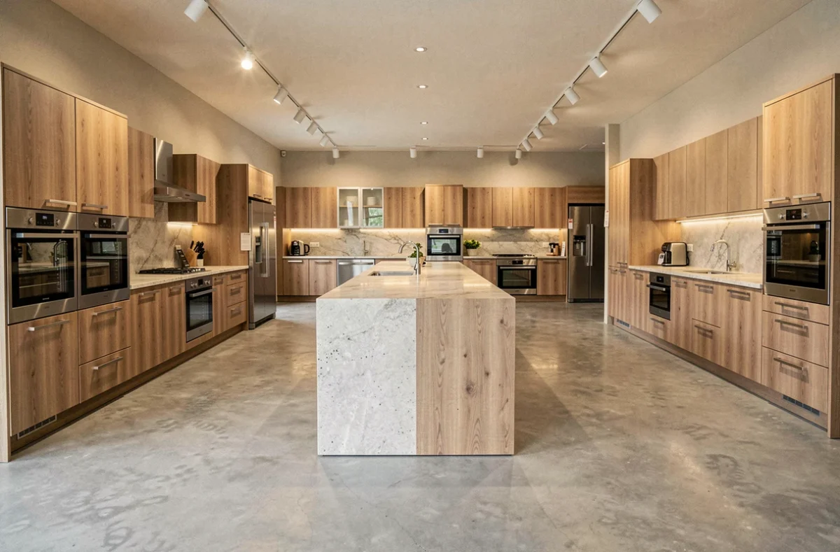 Showroom de cuisinistes dans les Vosges présentant plusieurs modèles de cuisines équipées modernes