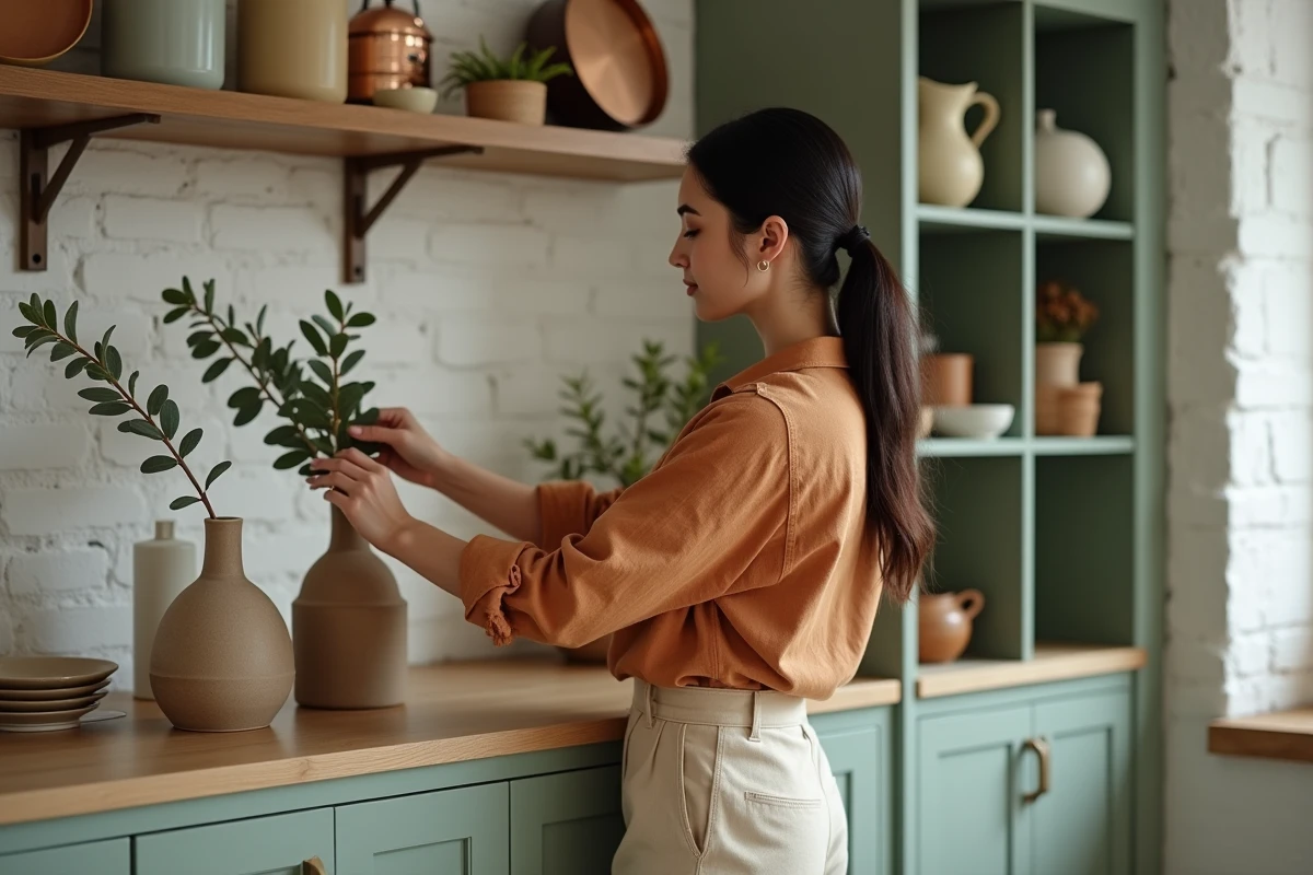 Femme décorant une étagère ouverte avec des céramiques et des plantes séchées dans un intérieur rénové style DIY maison