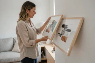 Femme déballant une œuvre d'art murale moderne dans un salon décoré avec un style scandinave minimaliste à petit budget
