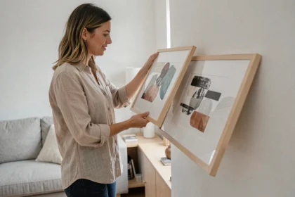 Femme déballant une œuvre d'art murale moderne dans un salon décoré avec un style scandinave minimaliste à petit budget
