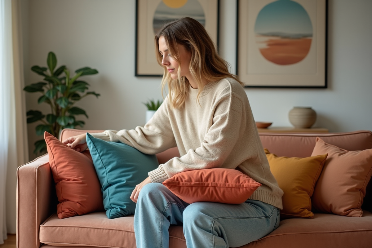 Femme arrangeant des coussins colorés sur un canapé moderne