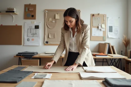 Décoratrice d'intérieur professionnelle examinant des échantillons de tissus et des palettes de couleurs dans son studio de design pour optimiser le budget décoration