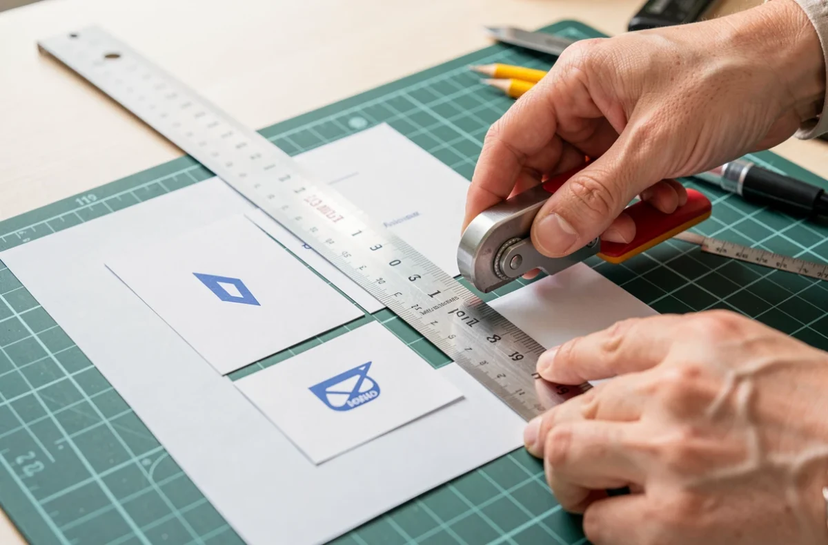Découpe d'une feuille imprimée en quatre cartes à la règle et au cutter