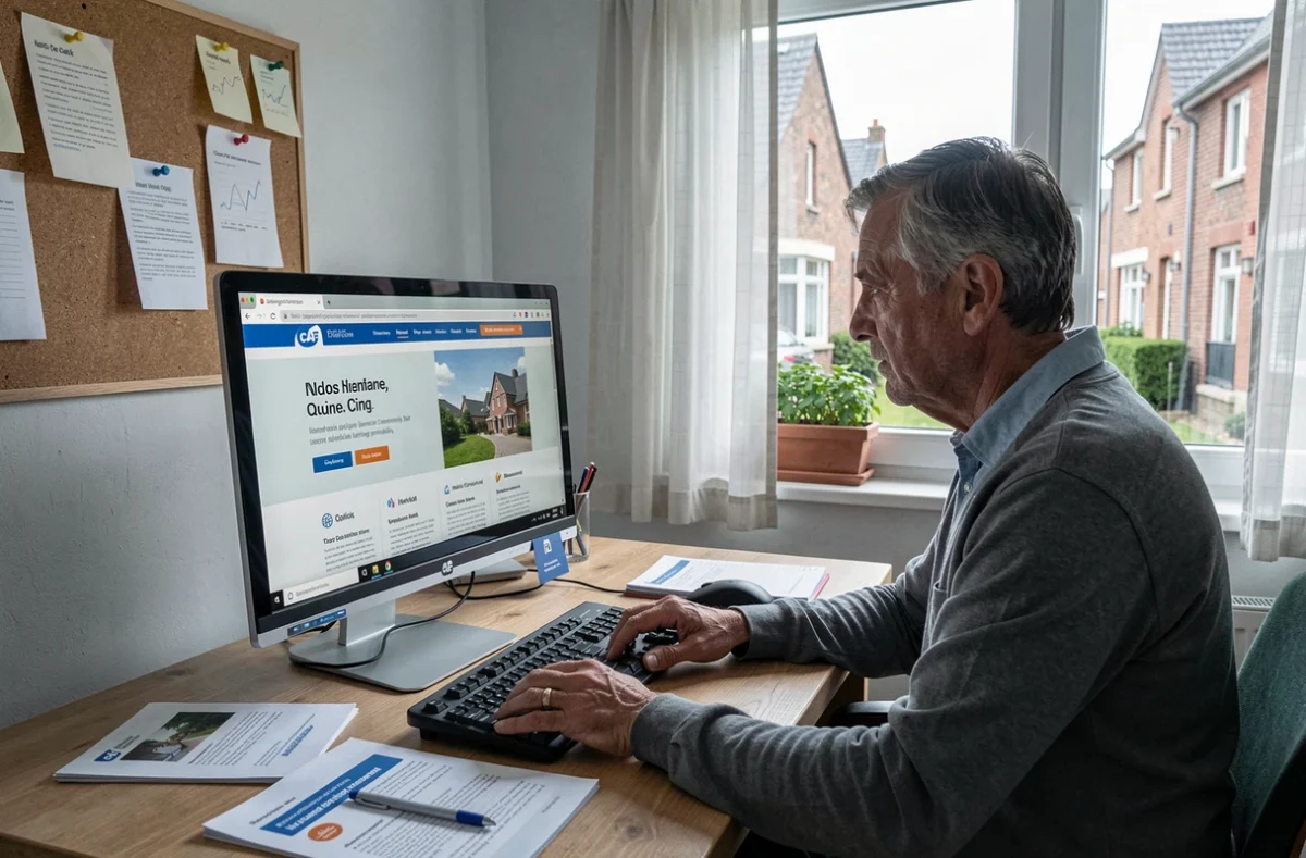 Homme consultant le site de la CAF sur ordinateur pour une demande d'aide ménagère financée
