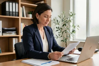 Femme en blazer marine examinant des documents administratifs pour l'embauche d'une femme de ménage à son bureau à domicile