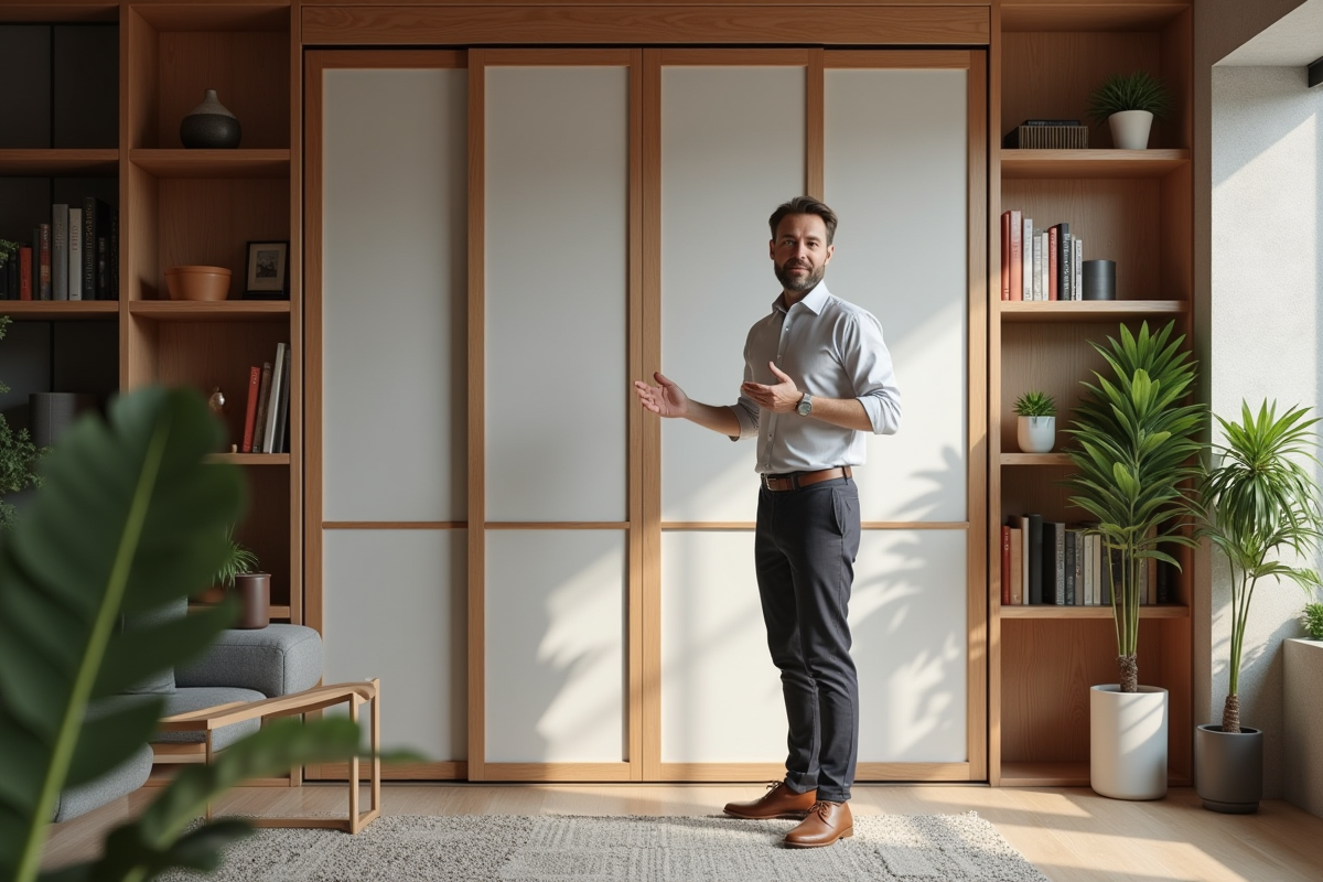 Designer présentant des panneaux shoji dans un appartement contemporain
