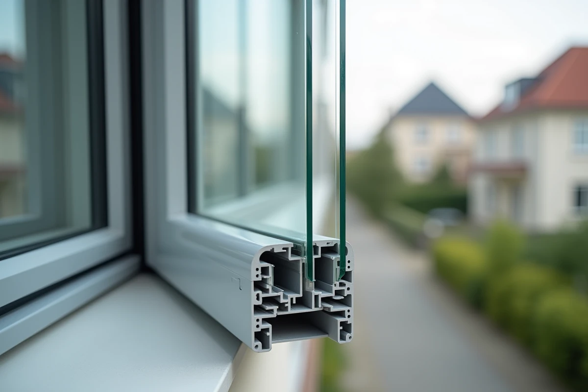 Détail en coupe d'un double vitrage haute performance avec espaceur aluminium, isolation thermique bâtiment