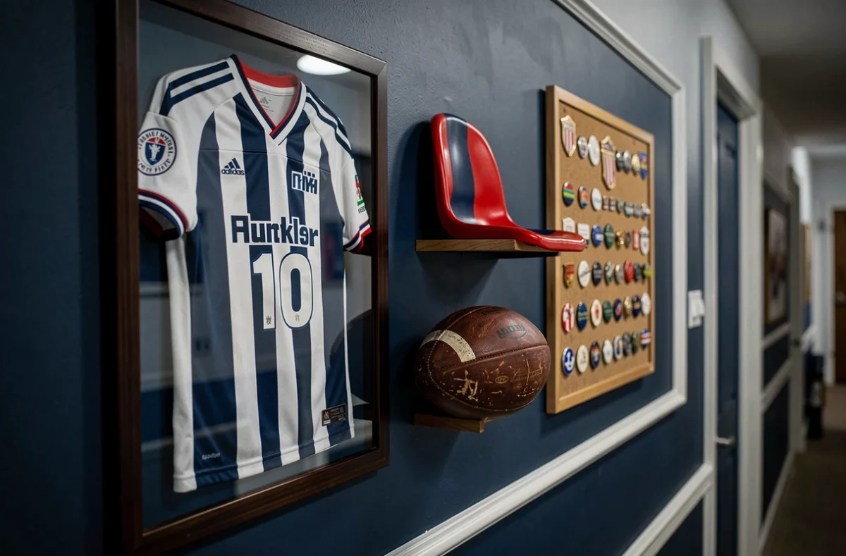 Détail de décoration murale football dans un couloir avec maillot encadré sous verre, ballon vintage sur étagère et insignes de club sur fond bleu marine