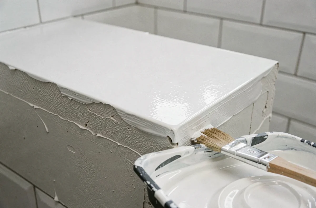 Détail d'un plafond peint en glycéro blanc couvrant avec pinceau et bac à peinture au premier plan dans une salle de bain rénovée