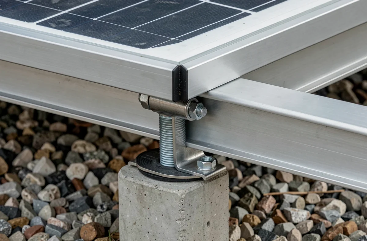 Détail de la fixation mécanique d'un panneau solaire sur une structure métallique au sol