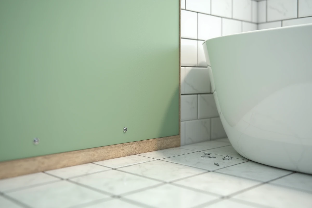 Détail de la fixation d'une plaque de plâtre hydrofuge sur tasseaux en bois pour coffrage de baignoire sans rail métallique