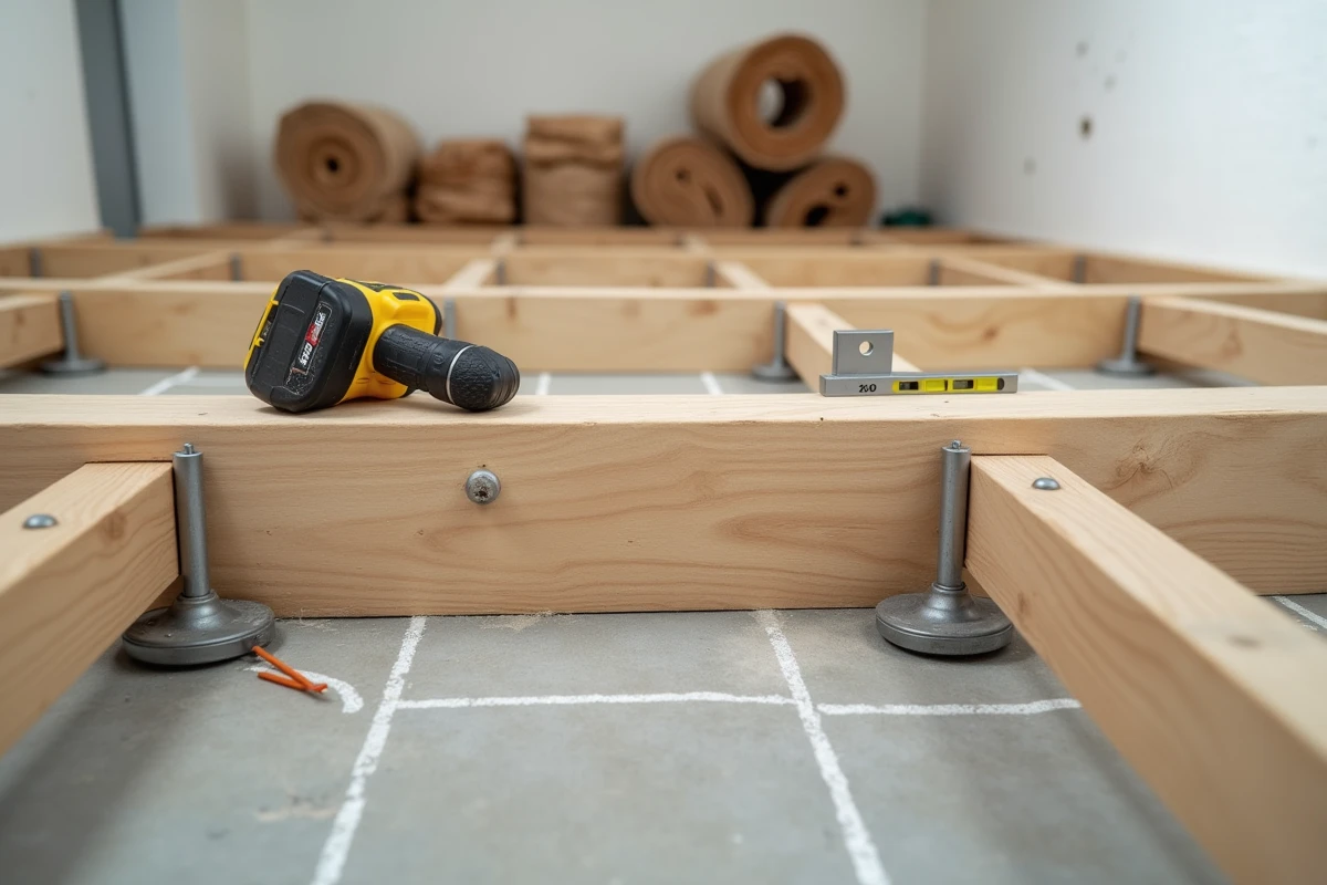 Détail de lambourdes installées sur plots réglables avec outils de pose sur un chantier de sol intérieur
