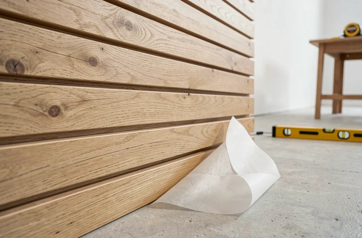 Détail du panneau latte bois auto-adhésif avec revêtement adhésif visible et texture du bois en gros plan