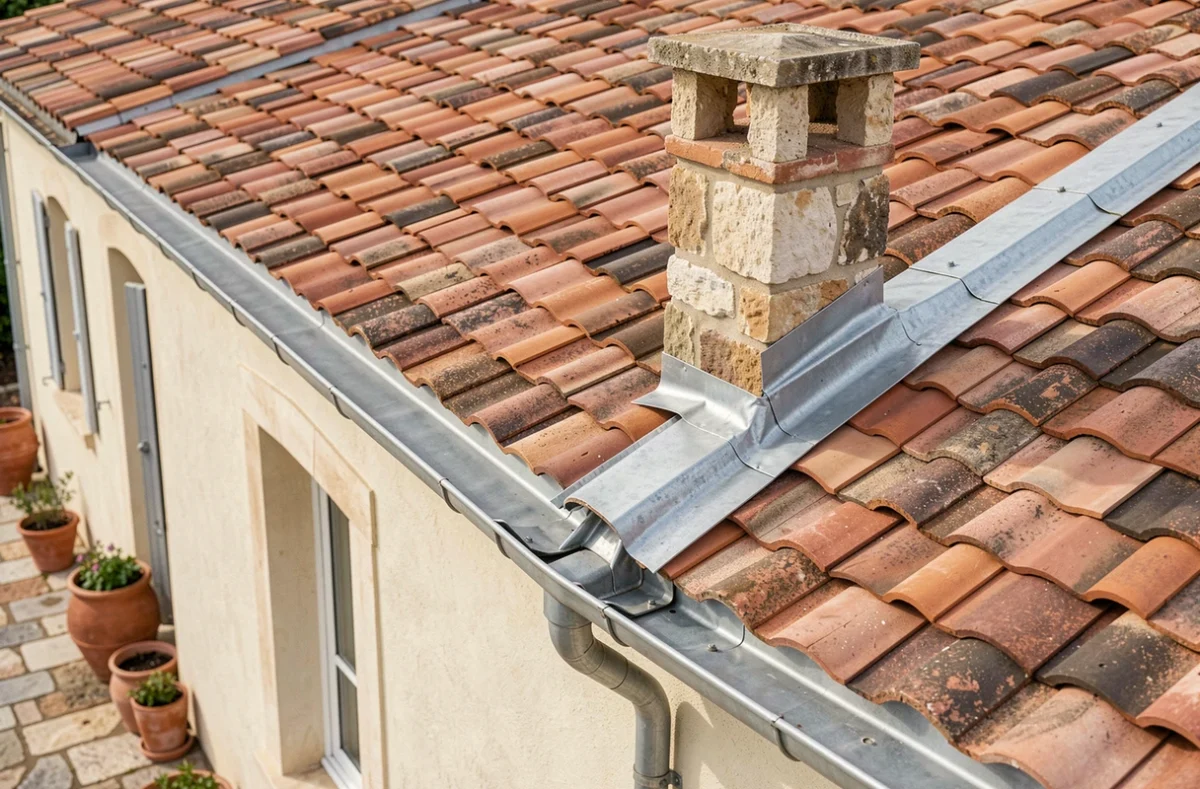 Détail d'une toiture haut de gamme en tuiles terre cuite avec faîtage en zinc sur maison provençale
