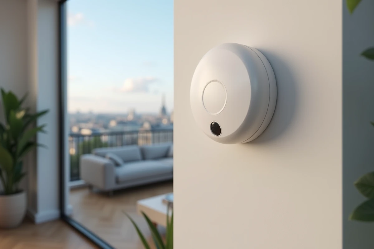 Détecteur d'alarme sans fil installé dans un salon d'appartement avec vue sur la ville