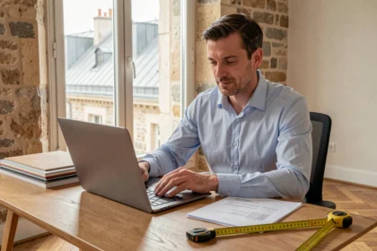 Homme consultant un devis de travaux en ligne sur un ordinateur portable dans un appartement parisien moderne