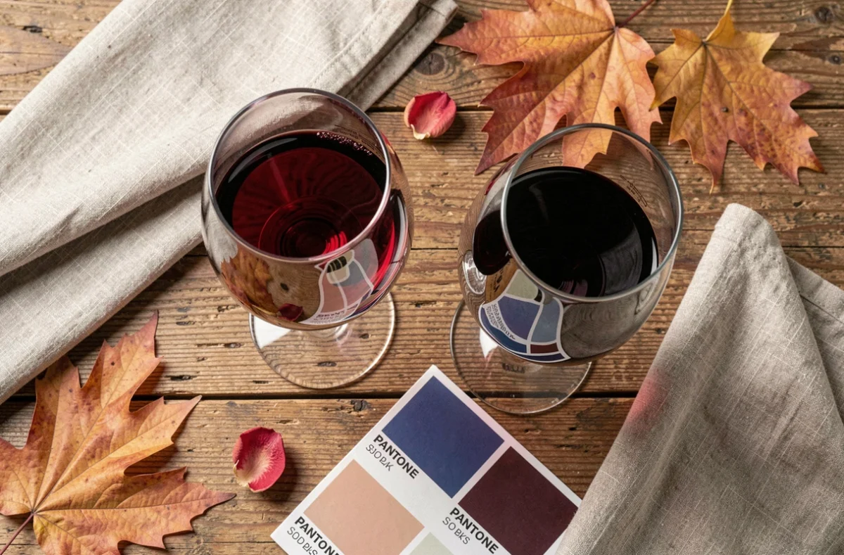 Comparaison visuelle de deux verres de vin rouge bordeaux et bordeaux foncé sur une table en bois avec des cartes couleur Pantone