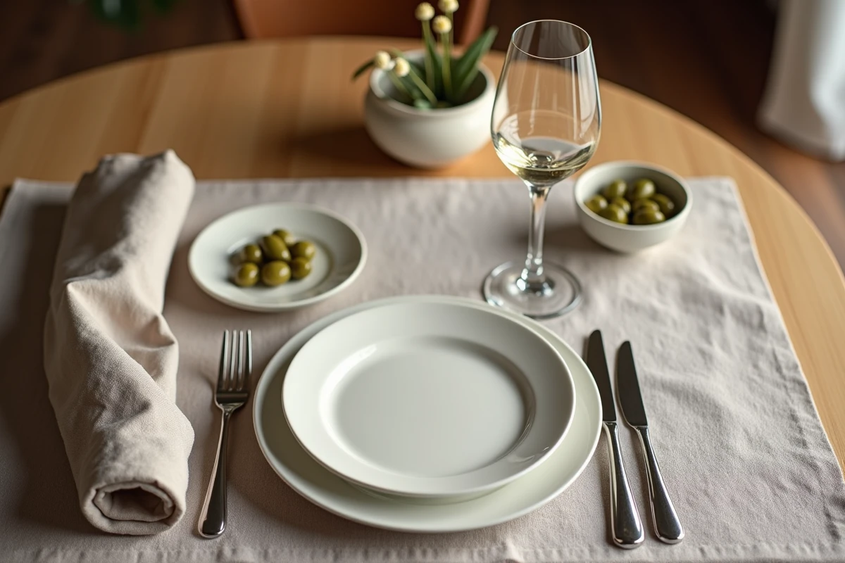 Disposition des verres à table avec verre à cocktail, vin et eau arrangés en triangle au-dessus de l'assiette