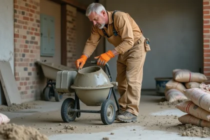 Ouvrier mélangeant une chape maigre dans une petite bétonnière électrique sur un chantier résidentiel