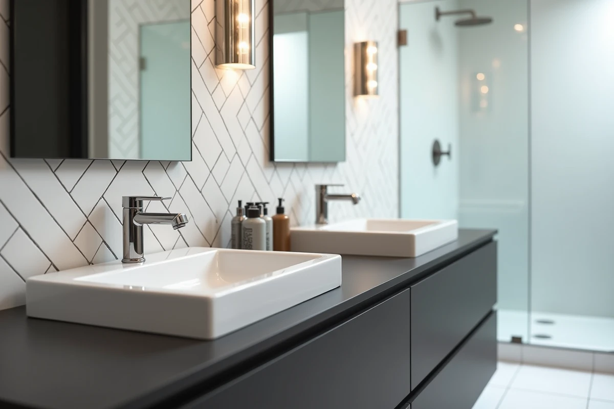 Double vasque encastrée en porcelaine blanche sur meuble long anthracite dans une salle de bain parentale, vue large illustrant l'espacement et le dimensionnement optimal pour deux utilisateurs
