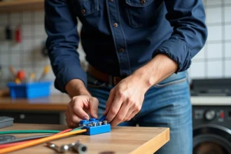 Électricien homme connectant domino électrique dans un atelier