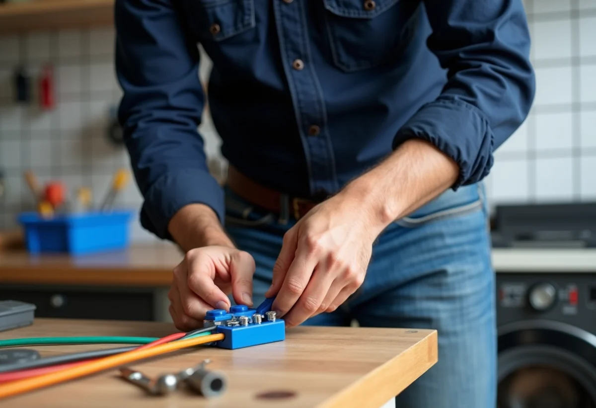 Électricien homme connectant domino électrique dans un atelier